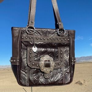 American West Dark Brown Silver Western Embossed Shoulder Bag